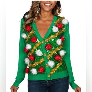 Tipsy Elves Christmas Tree Pom Party Cardigan Ugly Sweater Green Medium NWT